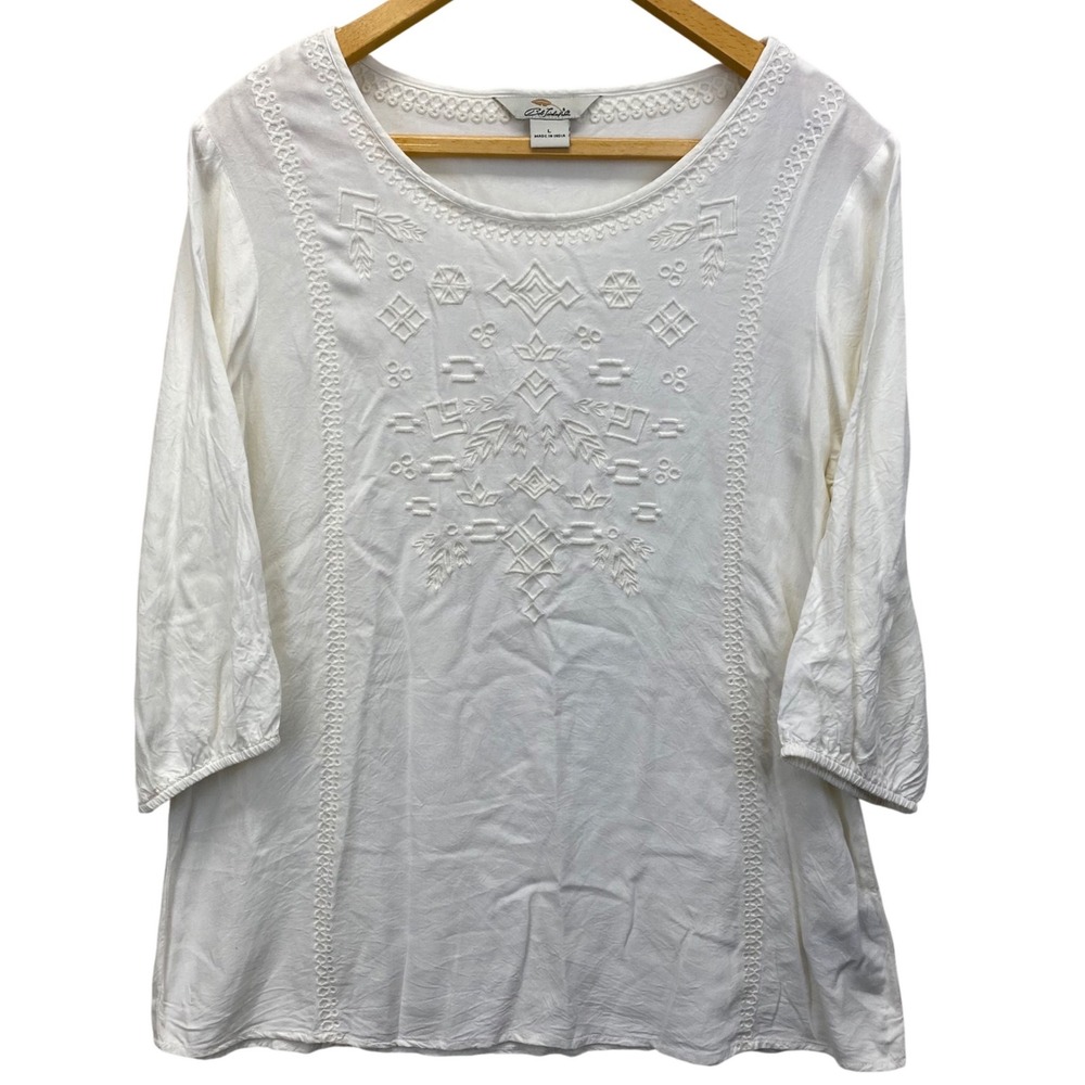 Bob Timberlake Womens Ivory Embroidered 3/4 Sleeve Size L Boho Peasant Blouse